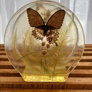 1969 New Designs Inc. Lucite Napkin/Mail Holder w/ Dried Butterflies & Flowers